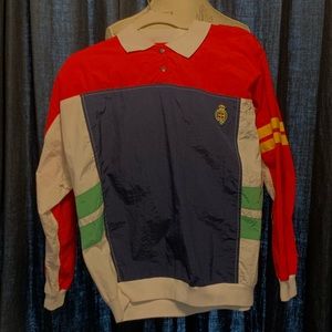 Red and blue windbreaker.